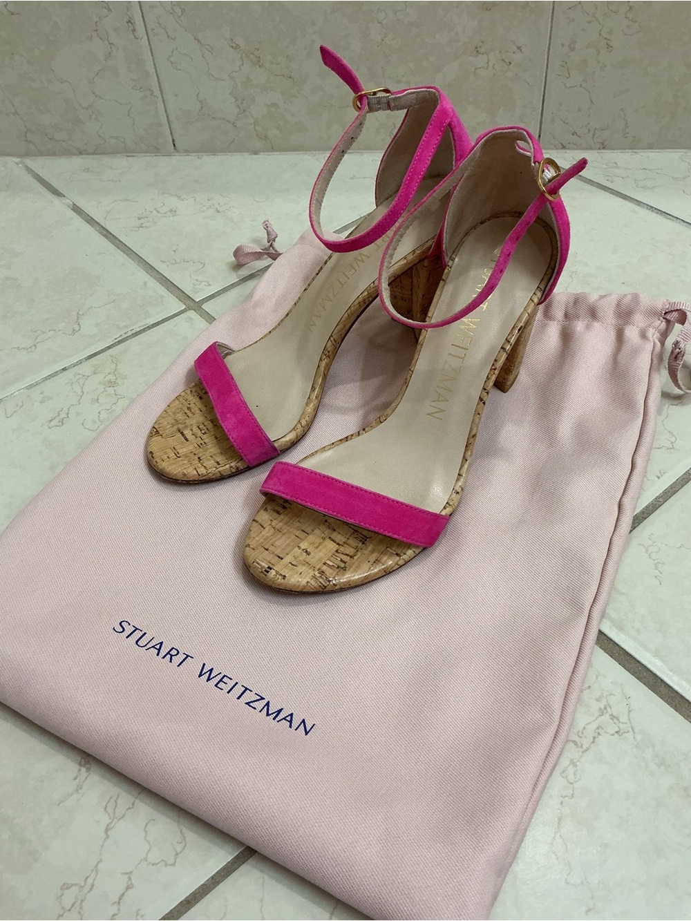 Stuart Weitzman Fuchsia Suede Ankle-Strap Cork Heels